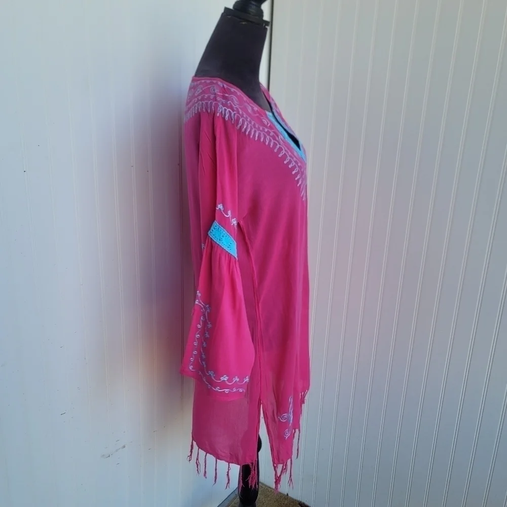 Blue Island Beach Hot Pink Blue Dress Swim Cover Up Tassel Pom Crochet Sz M